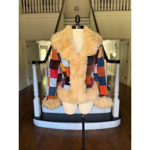 SOLD---VTG 70s Patchwork Suede Penny Lane Afghan Jacket Hippie Boho Fall Winter - Picture 5 of 13